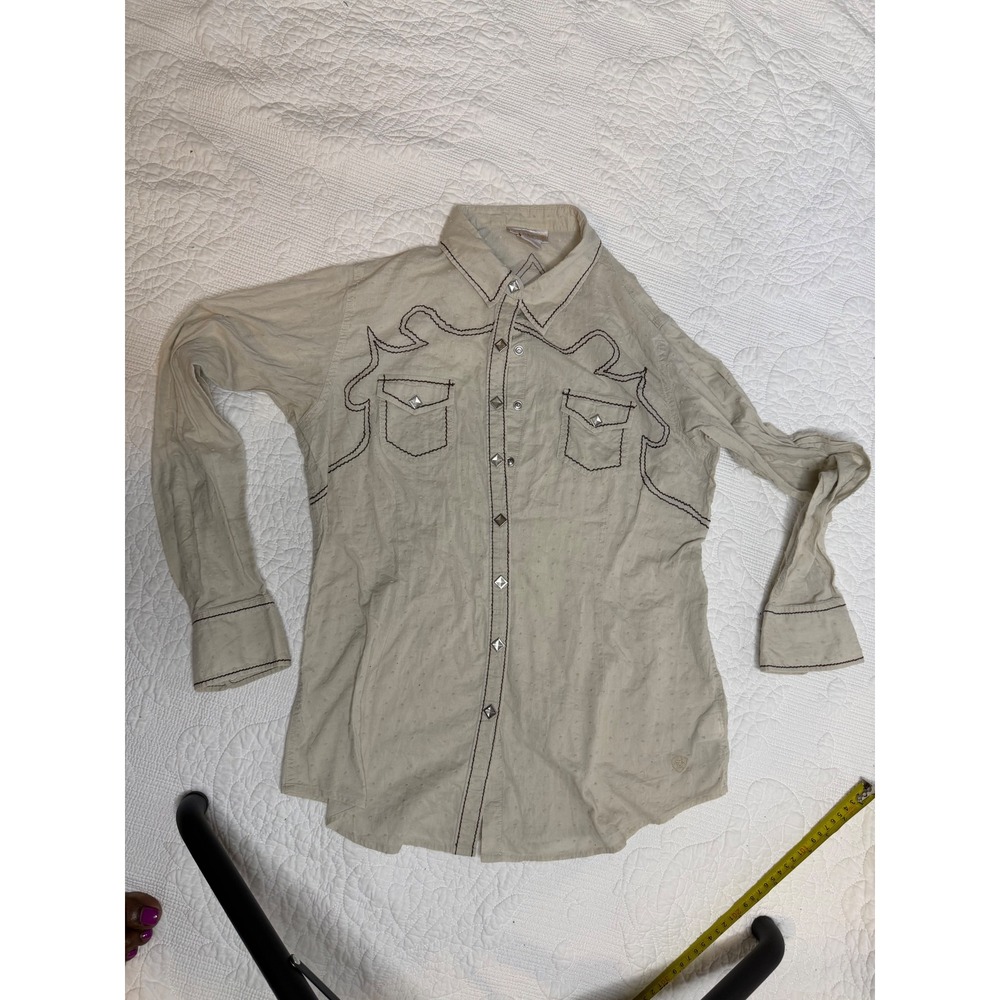 Ariat Womens Tan Swiss Dot Western Snap Shirt Size L Brown Embroidery